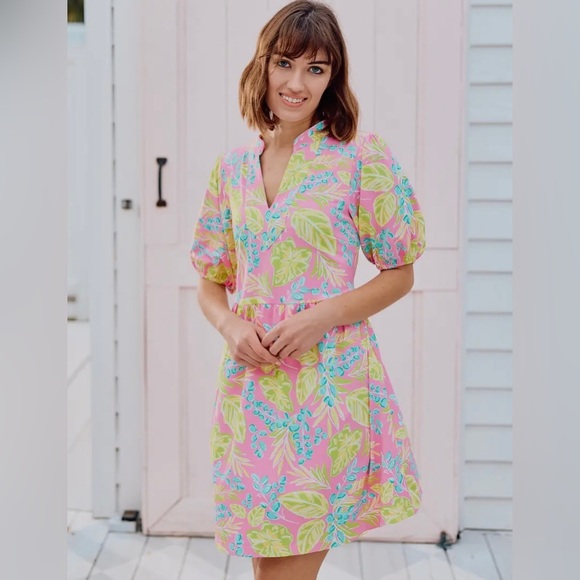 Mary Square Pink Catalina Vine Time Puff Sleeve A-Line Dress - Picture 1 of 3